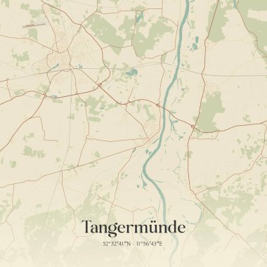 Tangermunde 'nin klasik duvar sanat haritası, Sachsen-Anhalt, Almanya' da. Ormanlar, yollar, şehirler, göller ve nehirlerle ilgili hava planı.