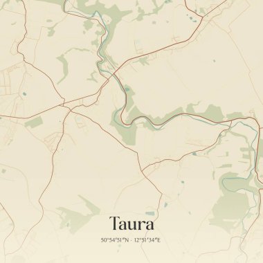 Taura 'nın klasik duvar sanat haritası, Sachsen, Almanya' da. Ormanlar, yollar, şehirler, göller ve nehirlerle ilgili hava planı.