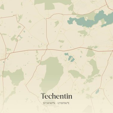 Techentin 'in klasik duvar sanat haritası, Mecklenburg-Vorpommern, Almanya' da. Ormanlar, yollar, şehirler, göller ve nehirlerle ilgili hava planı.