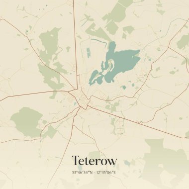 Teterow 'un klasik duvar sanat haritası, Mecklenburg-Vorpommern, Almanya' da. Ormanlar, yollar, şehirler, göller ve nehirlerle ilgili hava planı.