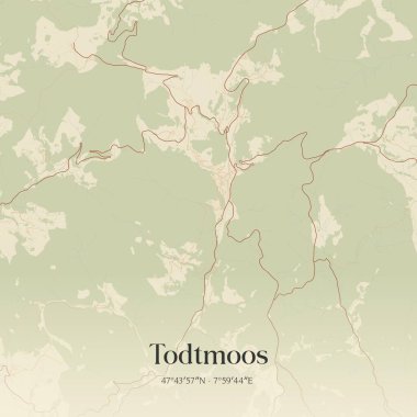 Vintage wall art map of Todtmoos, located in Baden-Wurttemberg, Germany. Aerial plan with forests, roads, cities, lakes and rivers. clipart