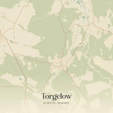 Torgelow 'un klasik duvar sanat haritası, Mecklenburg-Vorpommern, Almanya' da. Ormanlar, yollar, şehirler, göller ve nehirlerle ilgili hava planı.