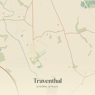 Almanya 'nın kuzeyinde Schleswig-Holstein eyâletinde bulunan Traventhal' ın klasik duvar sanat haritası. Ormanlar, yollar, şehirler, göller ve nehirlerle ilgili hava planı.