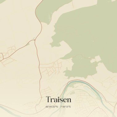 Vintage wall art map of Traisen, located in Rheinland-Pfalz, Germany. Aerial plan with forests, roads, cities, lakes and rivers. clipart