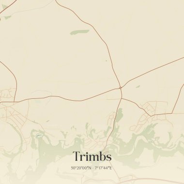 Trimbs 'un klasik duvar sanat haritası, Rheinland-Pfalz, Almanya' da. Ormanlar, yollar, şehirler, göller ve nehirlerle ilgili hava planı.