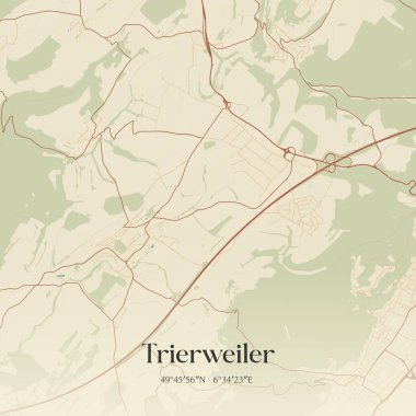 Trierweiler 'ın klasik duvar sanat haritası, Rheinland-Pfalz, Almanya' da. Ormanlar, yollar, şehirler, göller ve nehirlerle ilgili hava planı.