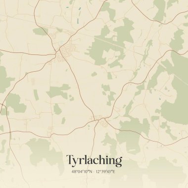 Tyrlaching 'in klasik duvar sanat haritası, Almanya Bayern' de. Ormanlar, yollar, şehirler, göller ve nehirlerle ilgili hava planı.