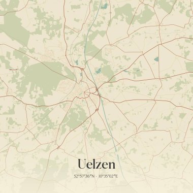 Niedersachsen, Almanya 'da bulunan Uelzen' in klasik duvar sanat haritası. Ormanlar, yollar, şehirler, göller ve nehirlerle ilgili hava planı.