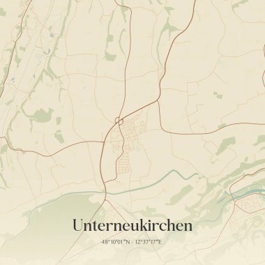 Vintage wall art map of Unterneukirchen, located in Bayern, Germany. Aerial plan with forests, roads, cities, lakes and rivers. clipart