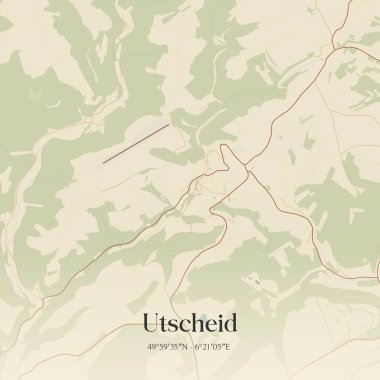 Utscheid 'in klasik duvar sanat haritası, Rheinland-Pfalz, Almanya' da. Ormanlar, yollar, şehirler, göller ve nehirlerle ilgili hava planı.