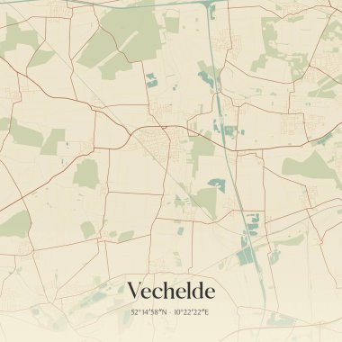 Niedersachsen, Almanya 'da bulunan Vechelde' nin klasik duvar sanat haritası. Ormanlar, yollar, şehirler, göller ve nehirlerle ilgili hava planı.