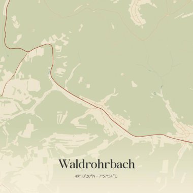 Vintage wall art map of Waldrohrbach, located in Rheinland-Pfalz, Germany. Aerial plan with forests, roads, cities, lakes and rivers. clipart