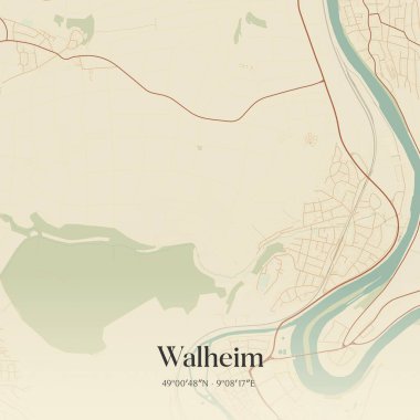Walheim 'ın klasik duvar sanat haritası, Baden-Wurttemberg, Almanya' da. Ormanlar, yollar, şehirler, göller ve nehirlerle ilgili hava planı.