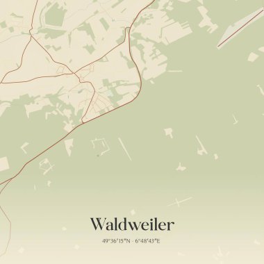 Waldweiler 'ın klasik duvar sanat haritası, Rheinland-Pfalz, Almanya' da. Ormanlar, yollar, şehirler, göller ve nehirlerle ilgili hava planı.