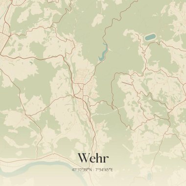 Vintage wall art map of Wehr, located in Baden-Wurttemberg, Germany. Aerial plan with forests, roads, cities, lakes and rivers. clipart