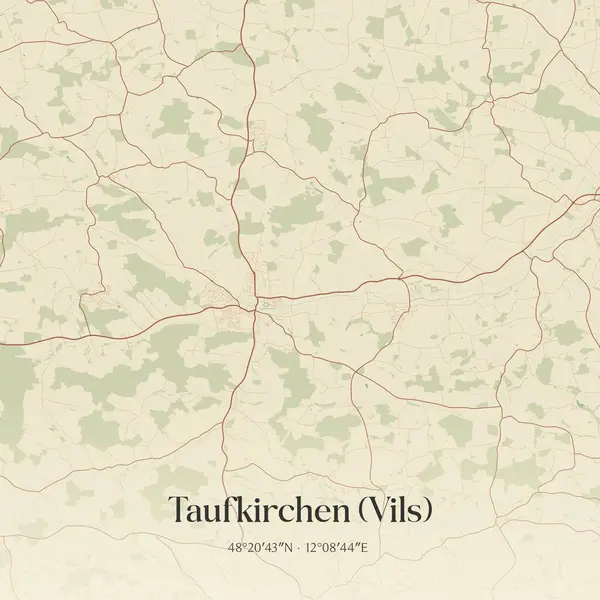 Almanya 'nın Bayern kentinde bulunan Taufkirchen' in (Vils) klasik duvar sanat haritası. Ormanlar, yollar, şehirler, göller ve nehirlerle ilgili hava planı.