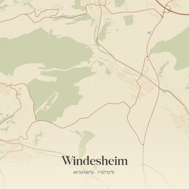 Vintage wall art map of Windesheim, located in Rheinland-Pfalz, Germany. Aerial plan with forests, roads, cities, lakes and rivers. clipart