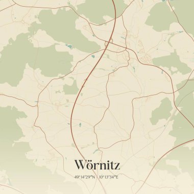 Wornitz 'in klasik duvar sanat haritası, Almanya Bayern' de. Ormanlar, yollar, şehirler, göller ve nehirlerle ilgili hava planı.