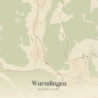 Wurmlingen 'in klasik duvar sanat haritası, Baden-Wurttemberg, Almanya' da. Ormanlar, yollar, şehirler, göller ve nehirlerle ilgili hava planı.