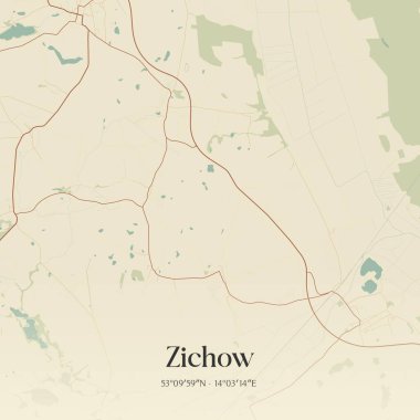 Brandenburg, Almanya 'da bulunan Zichow' un klasik duvar sanat haritası. Ormanlar, yollar, şehirler, göller ve nehirlerle ilgili hava planı.