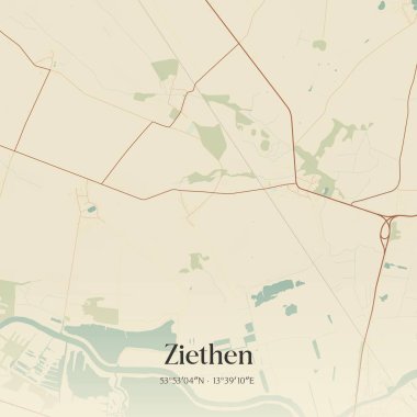 Vintage wall art map of Ziethen, located in Mecklenburg-Vorpommern, Germany. Aerial plan with forests, roads, cities, lakes and rivers. clipart