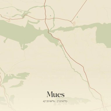 Vintage wall art map of Mues, located in Comunidad Foral de Navarra, Spain. Aerial plan with forests, roads, cities, lakes and rivers.