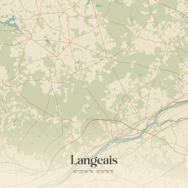 Iangeais 'nin klasik duvar sanat haritası, Chinon, Centre-Val de Loire, Fransa' da. Ormanlar, yollar, şehirler, göller ve nehirlerle ilgili hava planı.