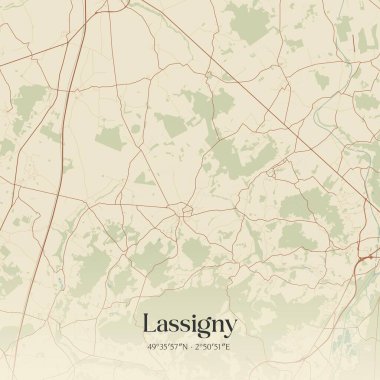Fransa 'nın Hauts-de-France şehrinde bulunan Lassigny' nin klasik duvar haritası. Ormanlar, yollar, şehirler, göller ve nehirlerle ilgili hava planı.