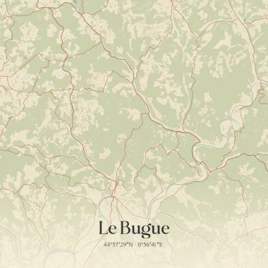 Sarlat-la-Caneda, Nouvelle-Aquitaine, Fransa 'da bulunan eski duvar haritası. Ormanlar, yollar, şehirler, göller ve nehirlerle ilgili hava planı.