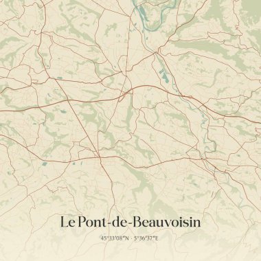 La Tour-du-Pin, Auvergne-Rhone-Alpes, Fransa 'daki Le Pont-de-Beauvoisin' in klasik duvar sanat haritası. Ormanlar, yollar, şehirler, göller ve nehirlerle ilgili hava planı.