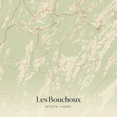 Vintage wall art map of les bouchoux, located in Saint-Claude, Bourgogne-Franche-Comte, France. Aerial plan with forests, roads, cities, lakes and rivers. clipart