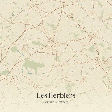 La Roche-sur-Yon, Pays de la Loire, Fransa 'daki otçulların klasik duvar haritası. Ormanlar, yollar, şehirler, göller ve nehirlerle ilgili hava planı.