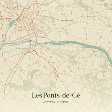 Angers, Pays de la Loire, Fransa 'da bulunan les ponts-de-ce' nin klasik duvar sanat haritası. Ormanlar, yollar, şehirler, göller ve nehirlerle ilgili hava planı.