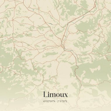 Vintage wall art map of limoux, located in Limoux, Occitanie, France. Aerial plan with forests, roads, cities, lakes and rivers. clipart