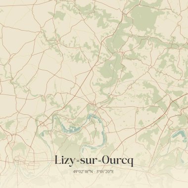 Lizzi-sur-ourcq 'un Fransa' nın Meaux şehrinde bulunan klasik duvar sanat haritası. Ormanlar, yollar, şehirler, göller ve nehirlerle ilgili hava planı.