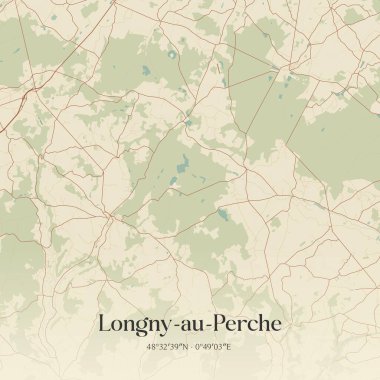 Longny-au-perche 'nin klasik duvar haritası, Mortagne-au-Perche, Normandie, Fransa' da. Ormanlar, yollar, şehirler, göller ve nehirlerle ilgili hava planı.