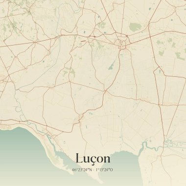 Vintage wall art map of lucon, located in Fontenay-le-Comte, Pays de la Loire, France. Aerial plan with forests, roads, cities, lakes and rivers. clipart