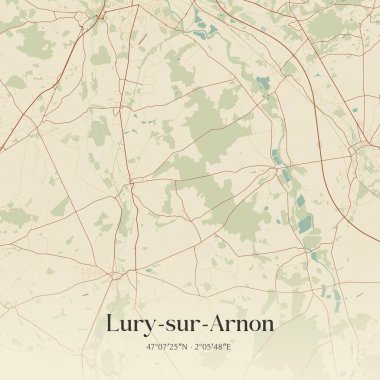 Vintage wall art map of lury-sur-arnon, located in Vierzon, Centre-Val de Loire, France. Aerial plan with forests, roads, cities, lakes and rivers. clipart