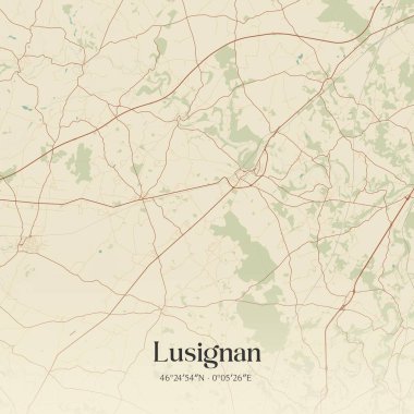 Vintage wall art map of lusignan, located in Poitiers, Nouvelle-Aquitaine, France. Aerial plan with forests, roads, cities, lakes and rivers. clipart