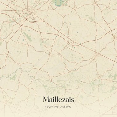 Posta Lezbiyenlerinin klasik duvar haritası, Fontenay-le-Comte, Pays de la Loire, Fransa. Ormanlar, yollar, şehirler, göller ve nehirlerle ilgili hava planı.