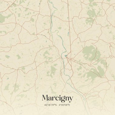 Charles, Bourgogne-Franche-Comte, Fransa 'da bulunan Marcigny' nin klasik duvar sanat haritası. Ormanlar, yollar, şehirler, göller ve nehirlerle ilgili hava planı.