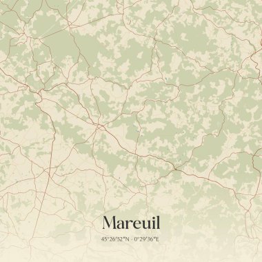Mareuil 'in klasik duvar sanat haritası, Nontron, Yeni Aquitaine, Fransa' da. Ormanlar, yollar, şehirler, göller ve nehirlerle ilgili hava planı.