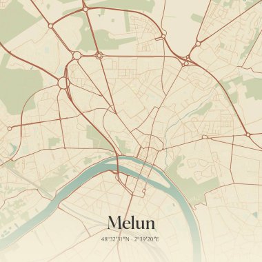 Melun, Ile-de-France, Fransa 'da bulunan eski duvar haritası. Ormanlar, yollar, şehirler, göller ve nehirlerle ilgili hava planı.