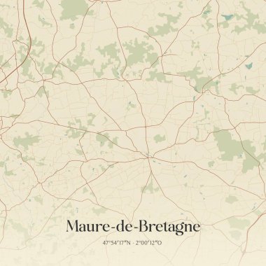 Olgun-de-bretagne 'in klasik duvar sanat haritası, Redon, Bretagne, Fransa' da. Ormanlar, yollar, şehirler, göller ve nehirlerle ilgili hava planı.