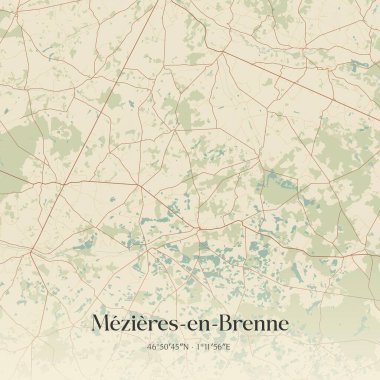 Mezieres-en-brenne 'in klasik duvar sanat haritası, Le Blanc, Centre-Val de Loire, Fransa. Ormanlar, yollar, şehirler, göller ve nehirlerle ilgili hava planı.