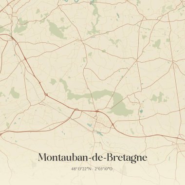 Montauban-de-bretagne 'in klasik duvar sanat haritası, Rennes, Bretagne, Fransa' da. Ormanlar, yollar, şehirler, göller ve nehirlerle ilgili hava planı.