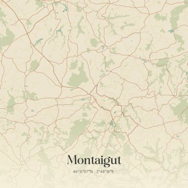 Montaigut 'un klasik duvar sanat haritası, Riom, Auvergne-Rhone-Alpes, Fransa' da. Ormanlar, yollar, şehirler, göller ve nehirlerle ilgili hava planı.