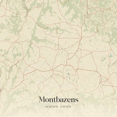 Montbazens 'in klasik duvar sanat haritası, Villefranche-de-Rouergue, Occitanie, Fransa' da. Ormanlar, yollar, şehirler, göller ve nehirlerle ilgili hava planı.