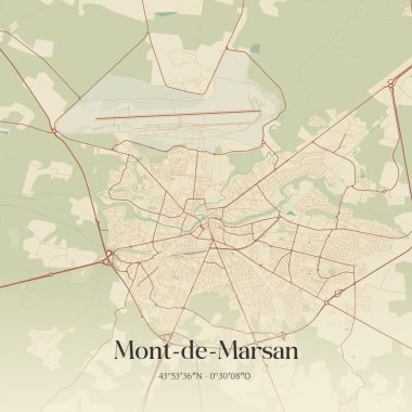 Vintage wall art map of mont-de-marsan, located in Mont-de-Marsan, Nouvelle-Aquitaine, France. Aerial plan with forests, roads, cities, lakes and rivers. clipart