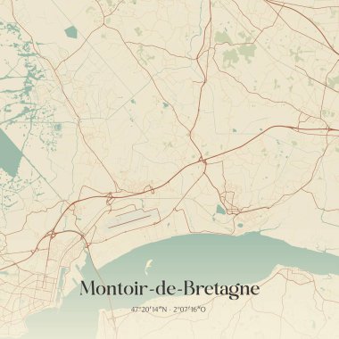 Montoir-de-bretagne 'in klasik duvar sanat haritası, Saint-Nazaire, Pays de la Loire, Fransa. Ormanlar, yollar, şehirler, göller ve nehirlerle ilgili hava planı.